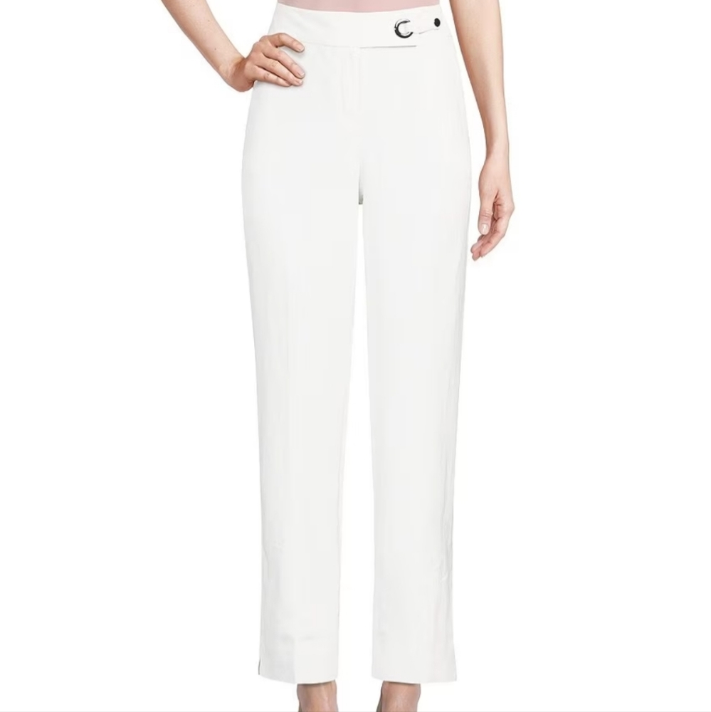 Kasper Linen Flat Front Straight Leg Side Slit Elastic Back Pants